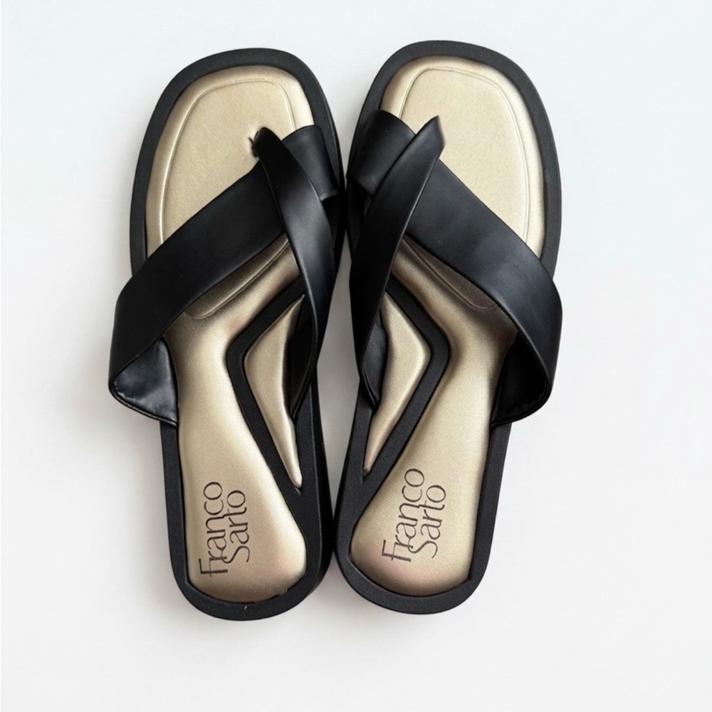 Franco Sarto Janey Black & Gold Platform Slide Sandals Size 8.5